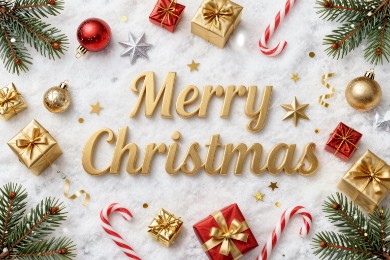 Christmas greeting card with decor items.