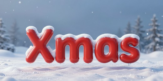Glossy red 3D text topped with snow.