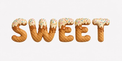 Waffle typography with creamy topping.