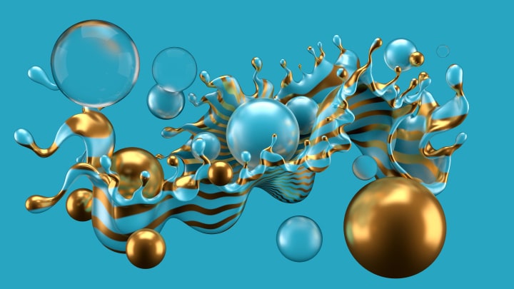 3D graphic design illustration in cyan and gold.