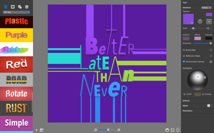 3D graphics work in progress in Art Text screenshot.
