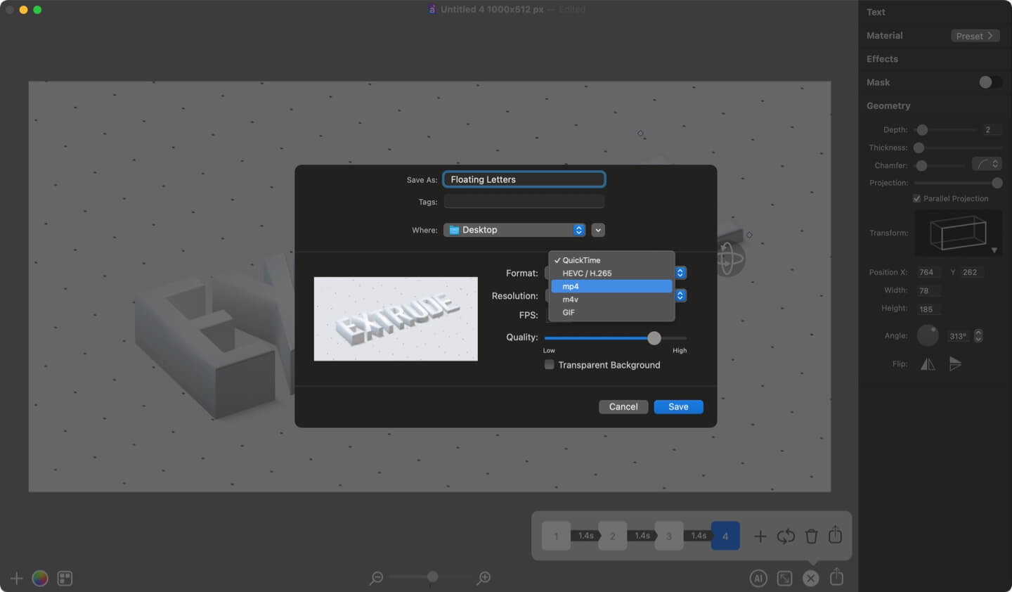 Typography animation export options in Art Text.