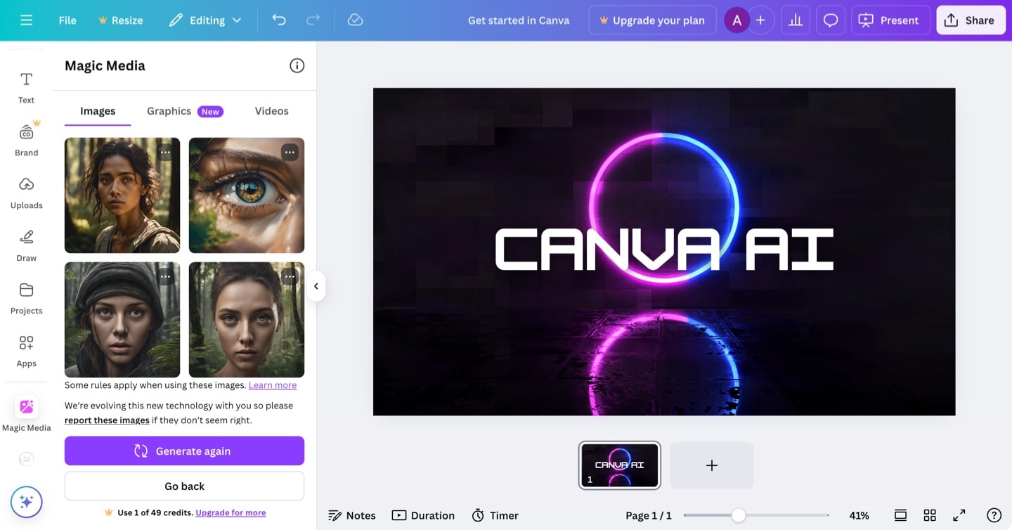 Generating AI images in Canva.