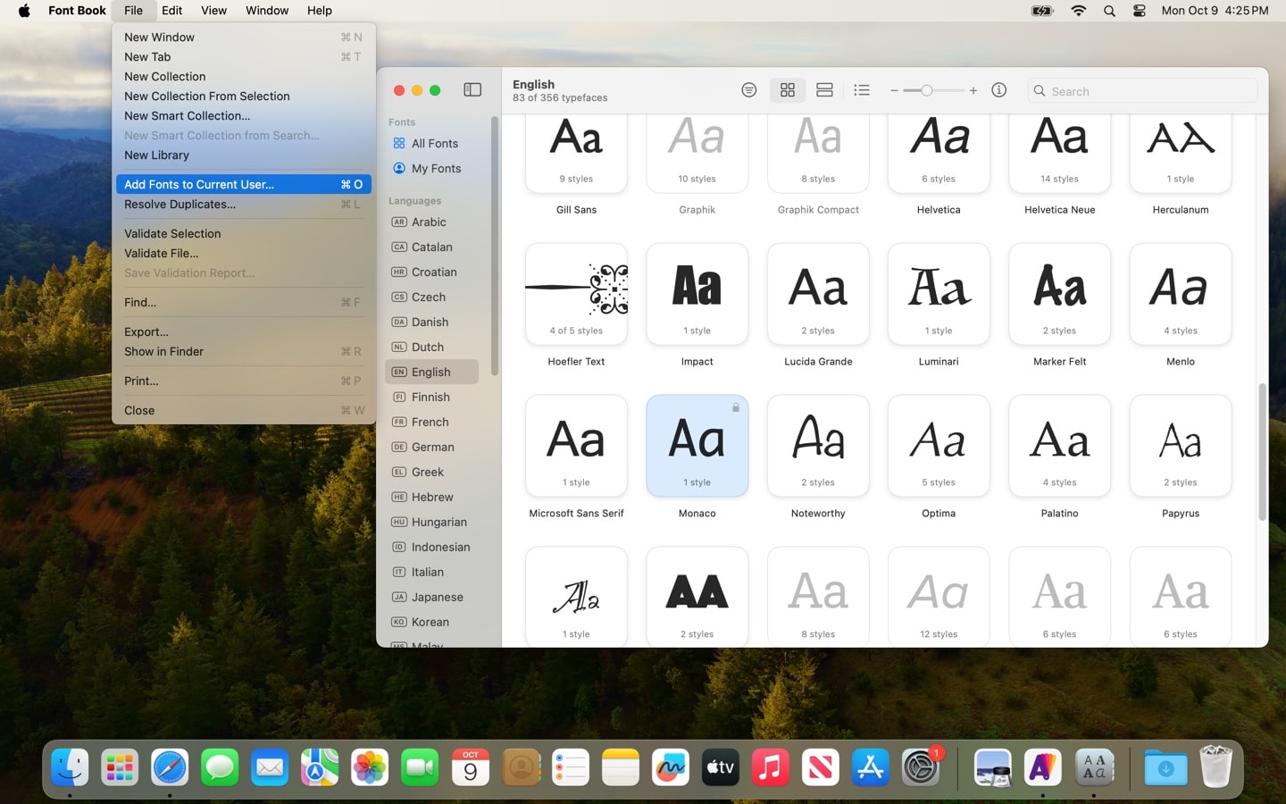 Installing fonts with the Font Book app on a Mac.