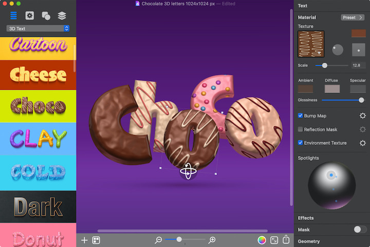 Chocolate materials for 3D text.
