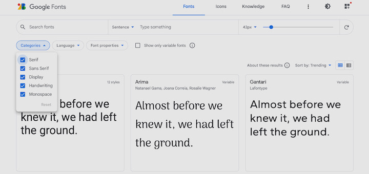 Available font categories in Google Fonts.