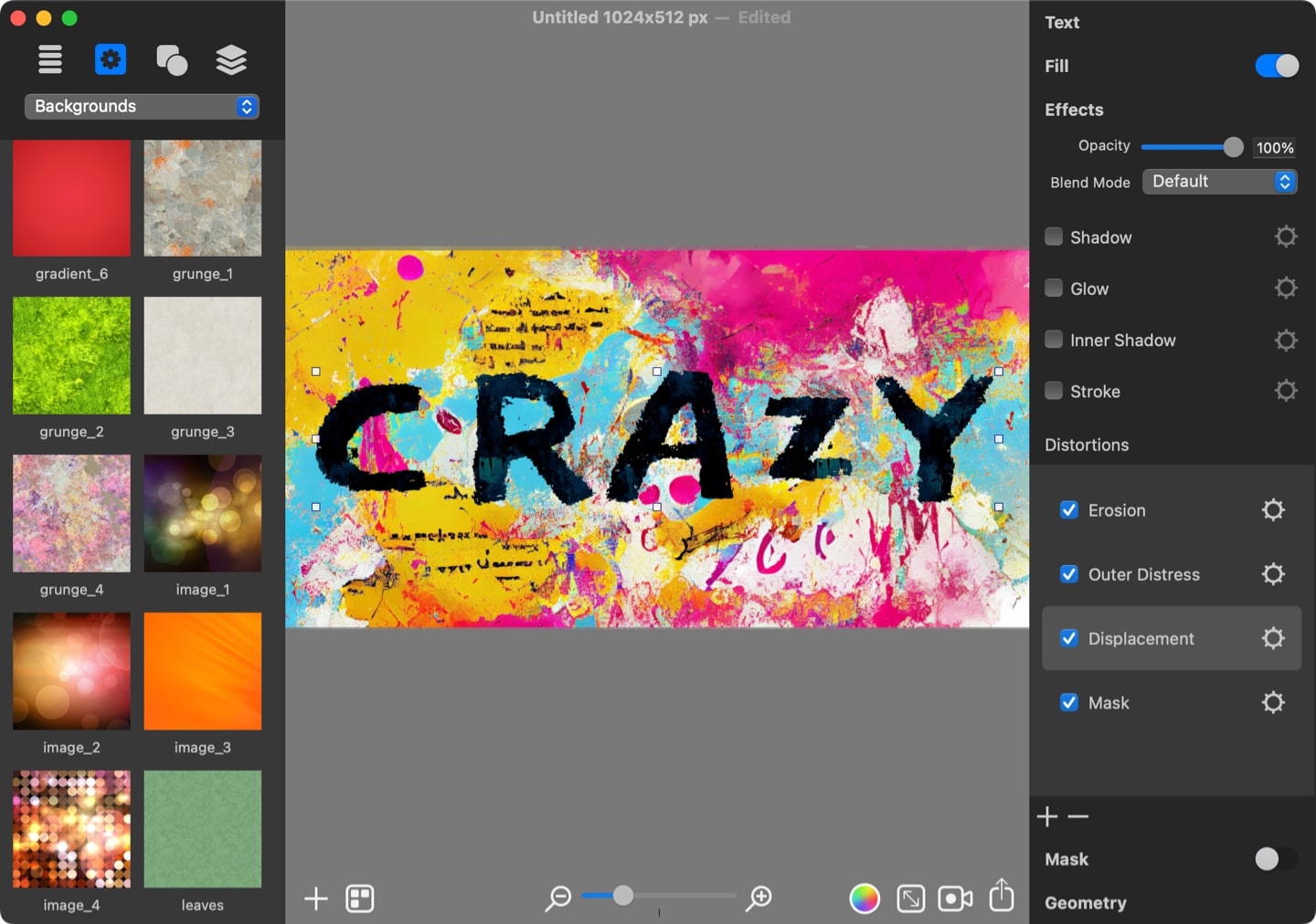 Text distortion effects applied to craft grunge typography in Art Text.