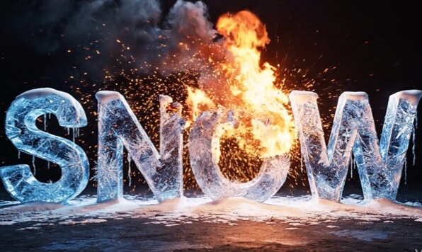 3D text snow to fire morphing animation.