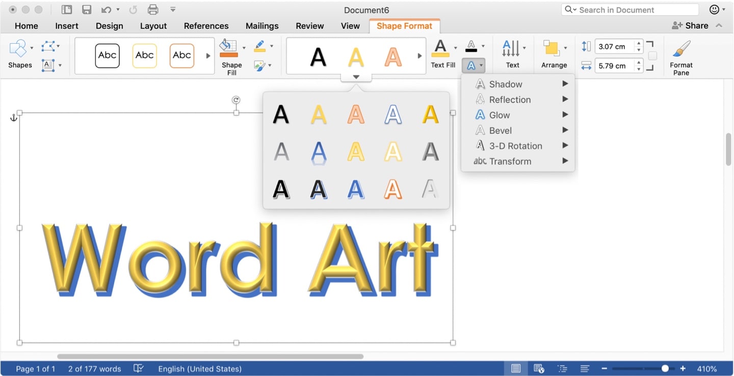WordArt in Microsoft Word.