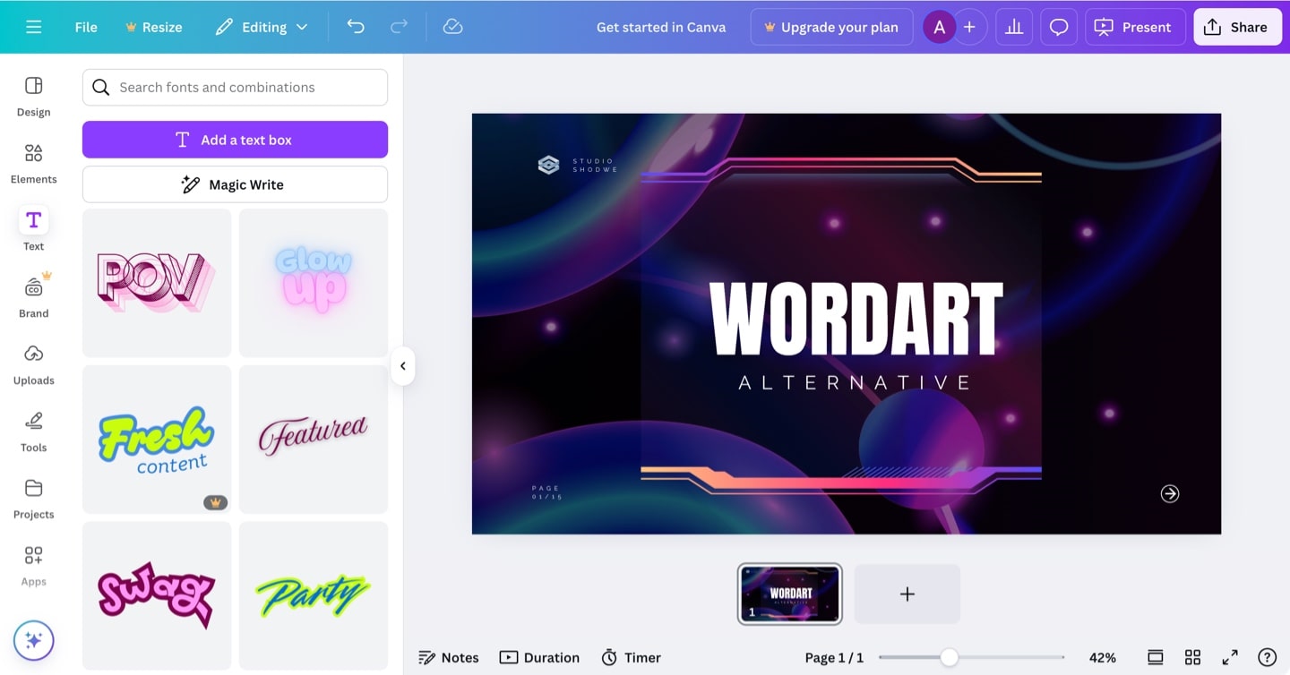 Text effect options in Canva.