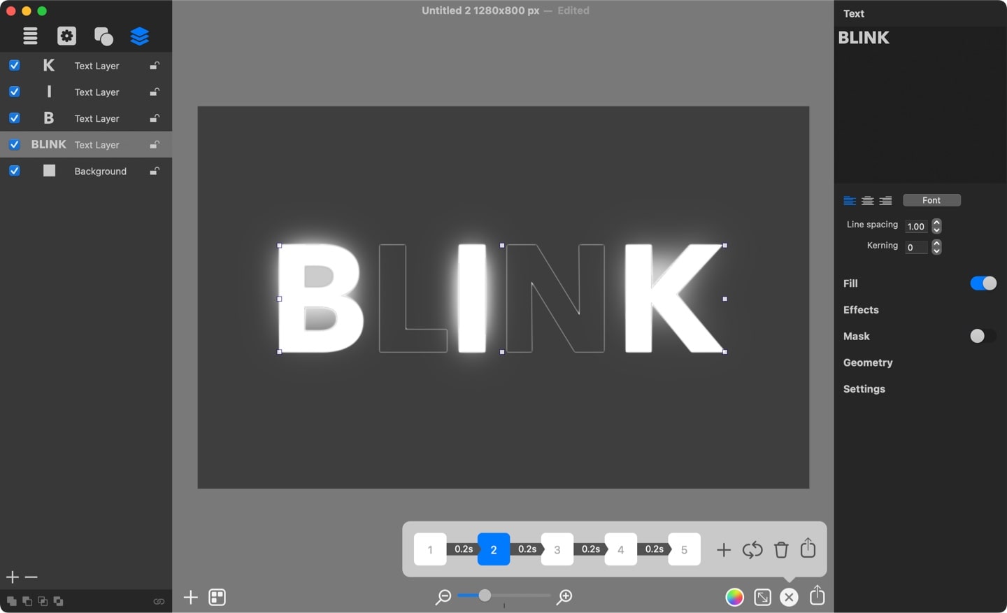 Setting up blinking text animation keyframes.
