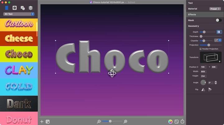 3D text depth, thickness and other parameters.