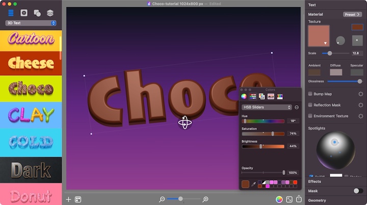 Creating chocolate color 3D material.