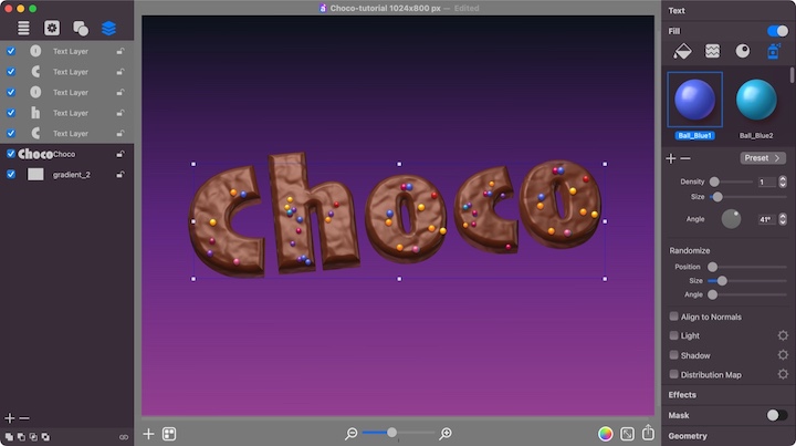 Scattered sugar sprinkles on the chocolate text.
