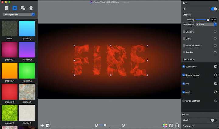 Applying distortions for the fire text typography in Art Text for Mac.