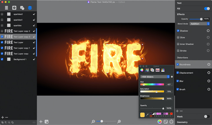 Four layers of fire text creates realistic text on fire typography.