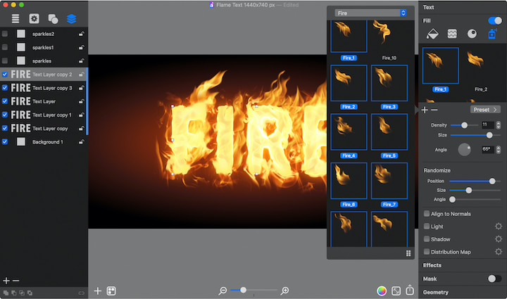 Adding flame tongues to text with the Spray Fill of the Art Text app.