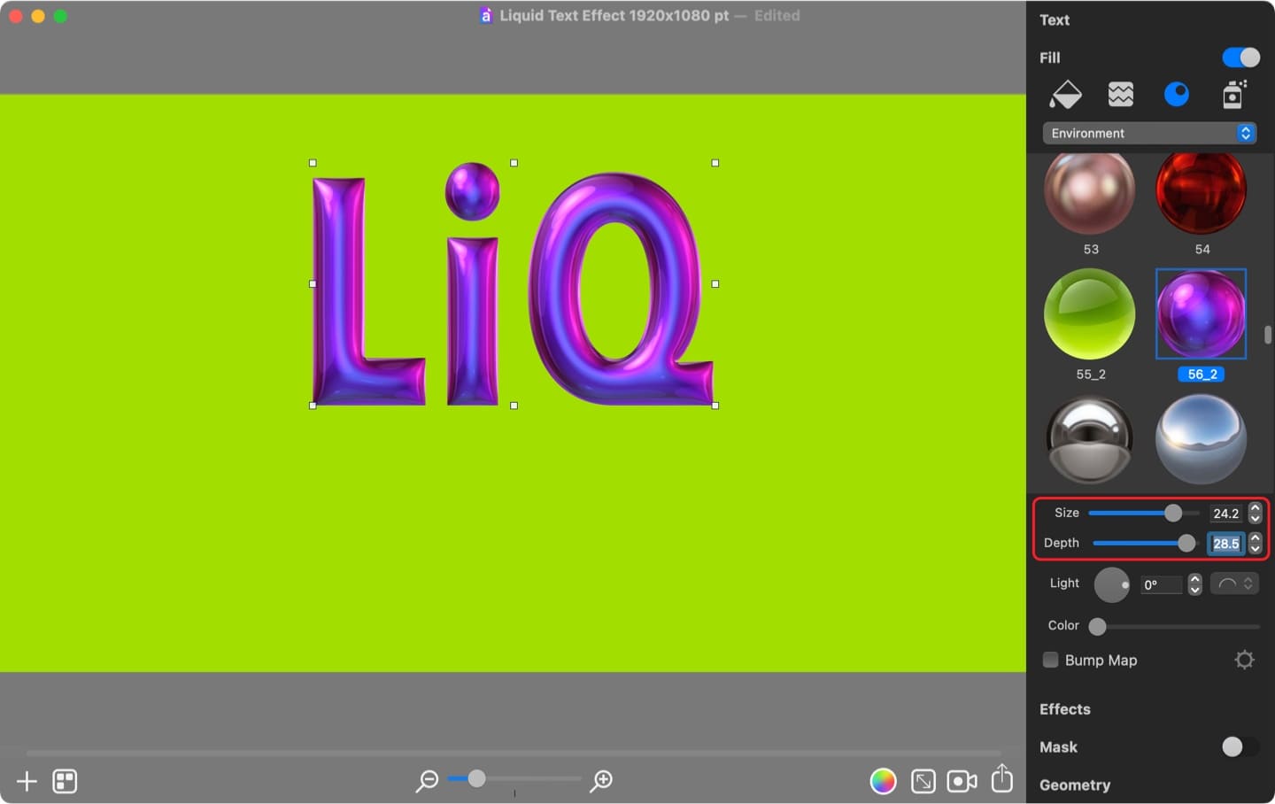 Selecting and adjusting a Shading Material for text.