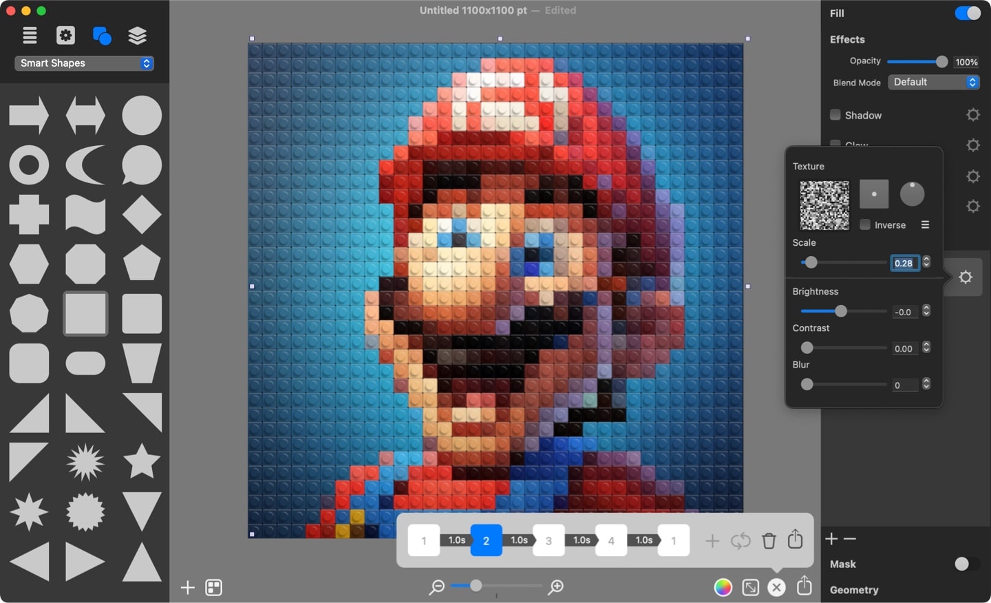 Adding animation keyframes and adjusting the design in each keyframe.