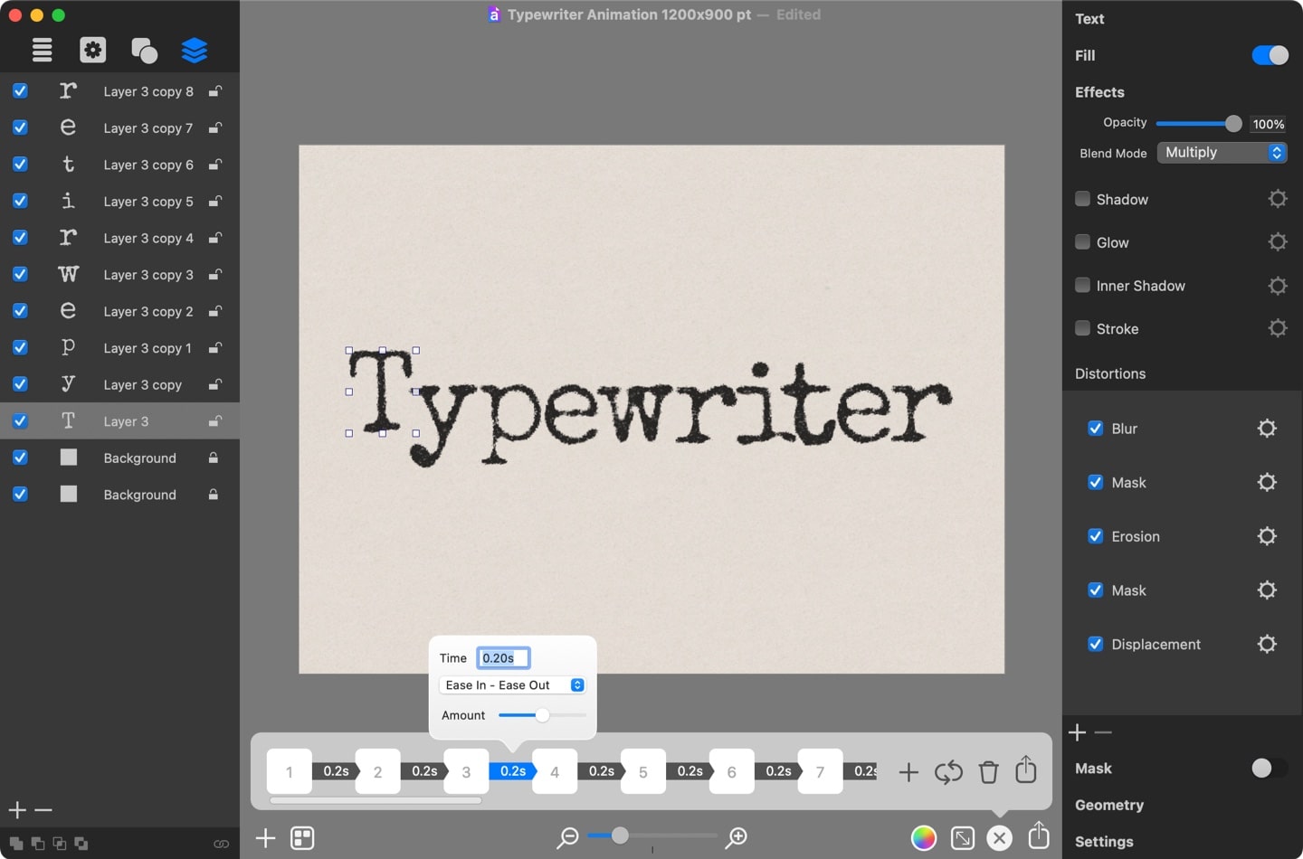 Working with animation keyframes for typewriter text.